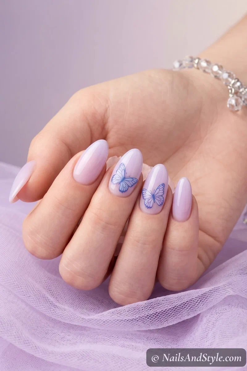 Layered blue and lilac butterfly stamp accent nail over a pastel lavender base