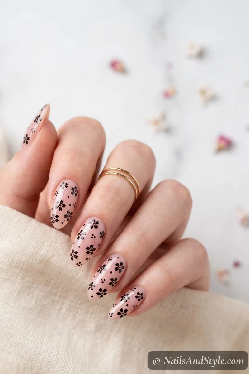 Classic floral nail stamping with small black flower patterns over a sheer pink base on almond nails