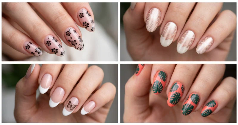 Collage of four nail stamping designs including classic floral stamp, delicate lace, french tip stamping, and tropical leaf print