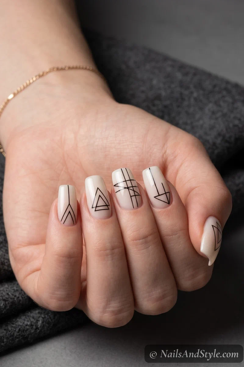 Black geometric line art nail stamping on a nude base showing triangles and abstract shapes