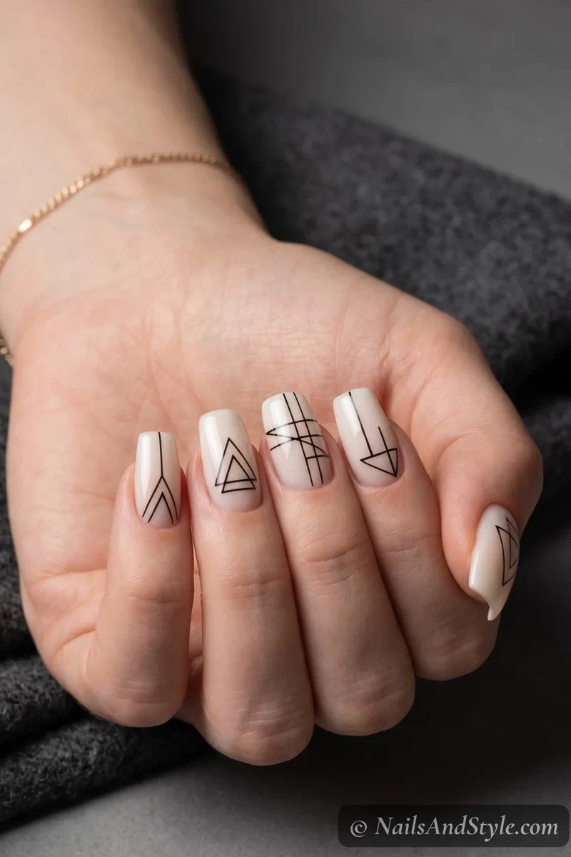 Black geometric line art nail stamping on a nude base showing triangles and abstract shapes