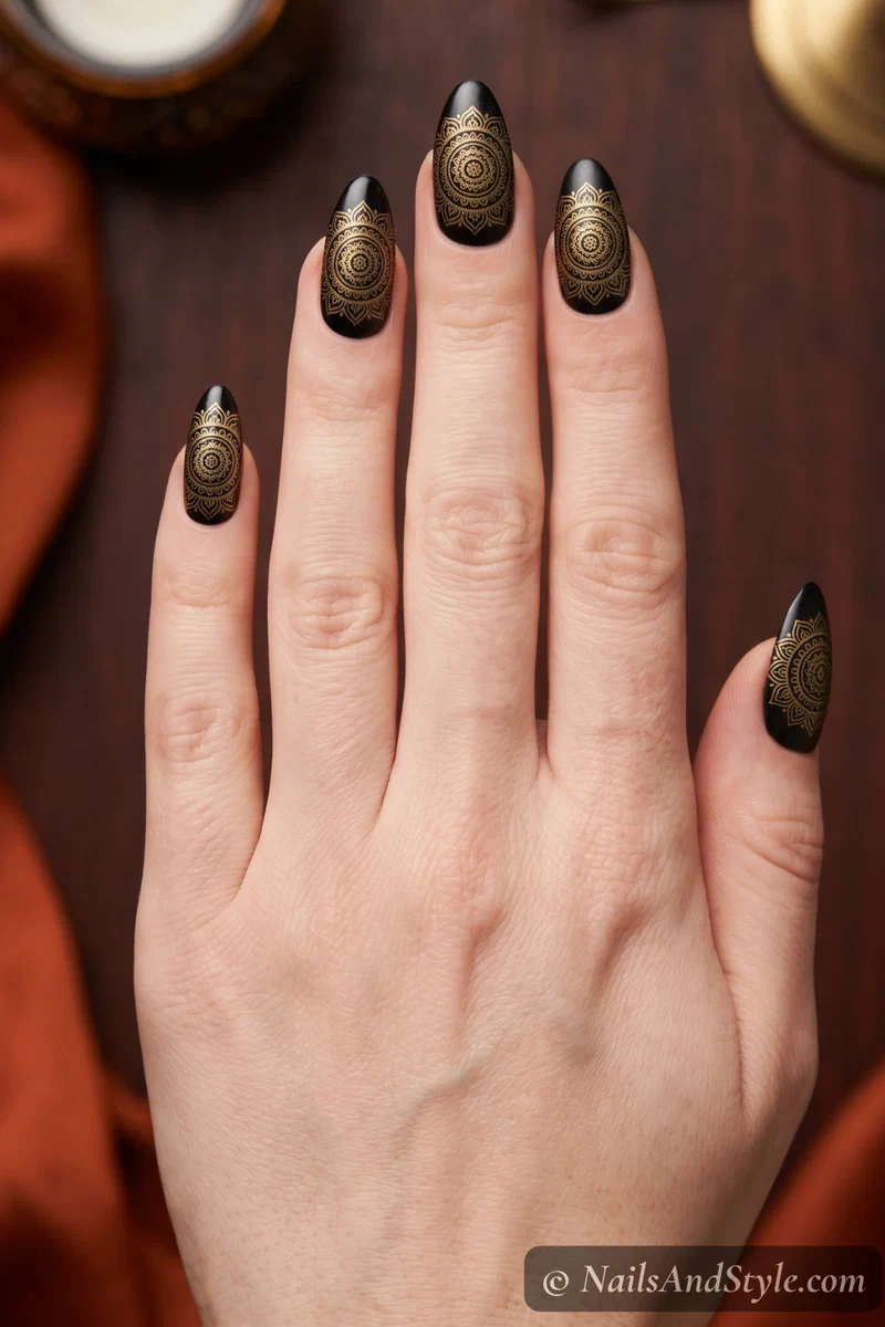 Gold mandala nail stamping over a glossy black base on medium almond nails