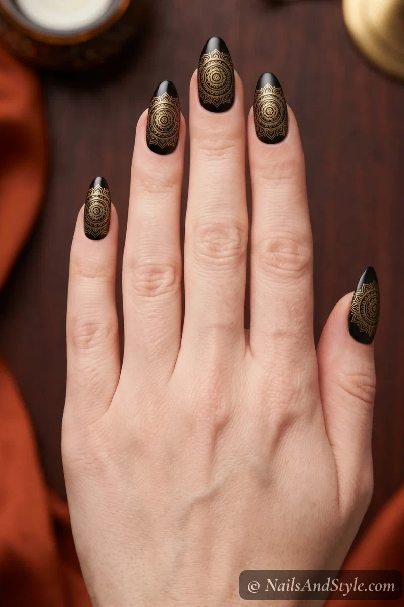 Gold mandala nail stamping over a glossy black base on medium almond nails