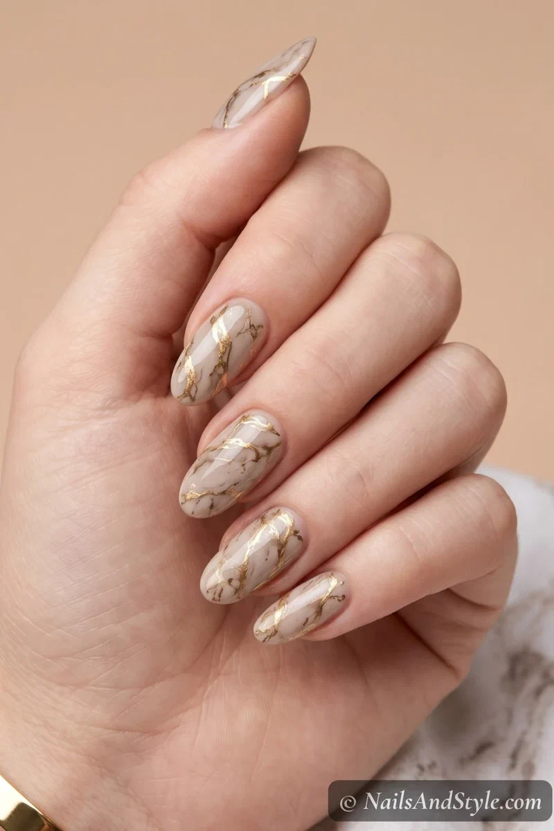 Gold marble vein nail stamping over a greige nude base on medium oval nails