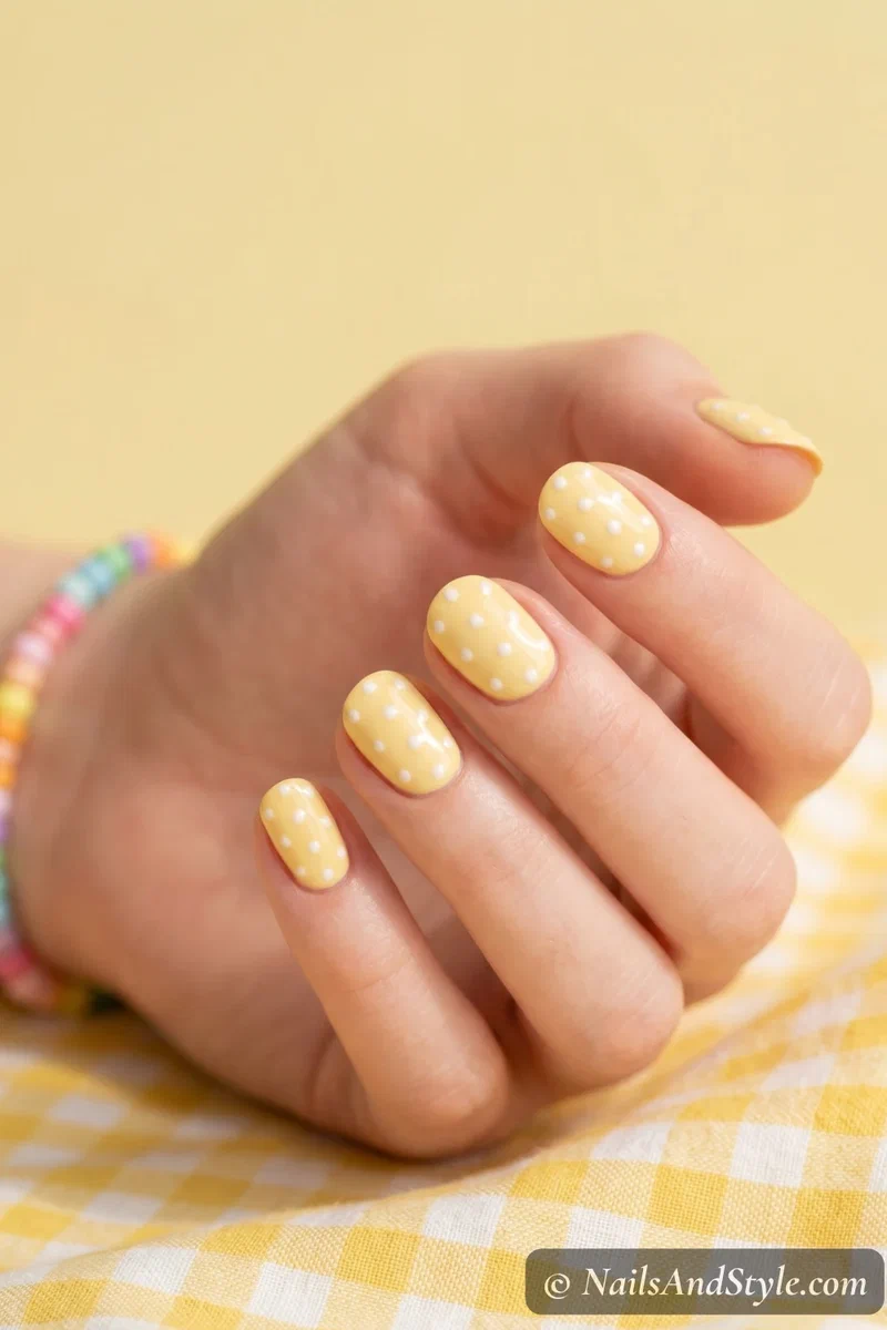White polka dot nail stamping over a buttercup yellow pastel base on short round nails