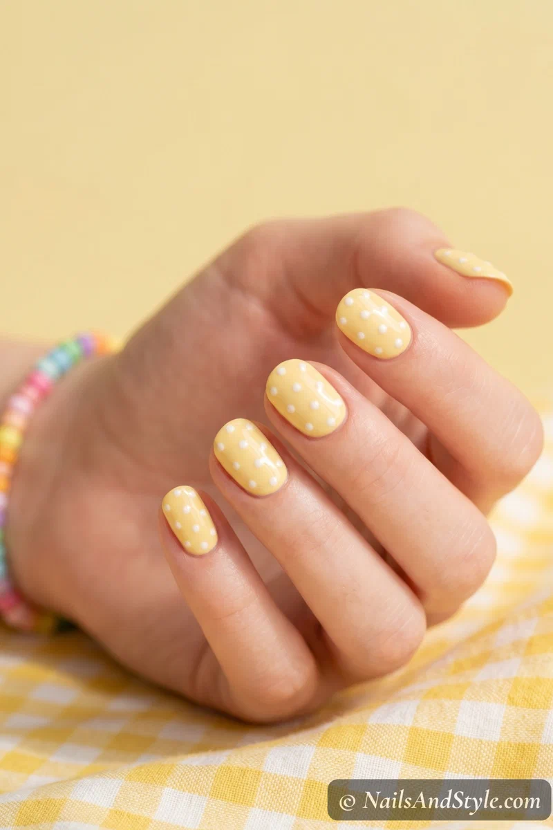 White polka dot nail stamping over a buttercup yellow pastel base on short round nails