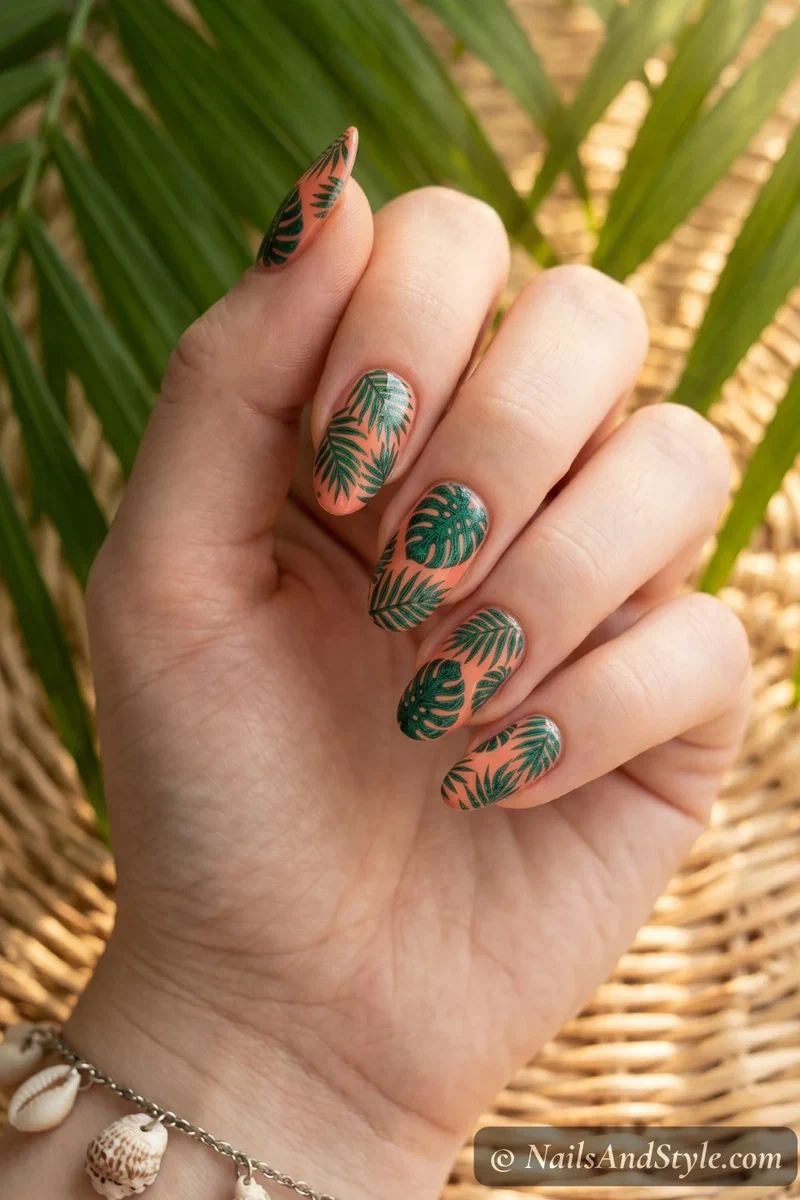 Deep green tropical monstera leaf stamping on a coral base with medium almond nails