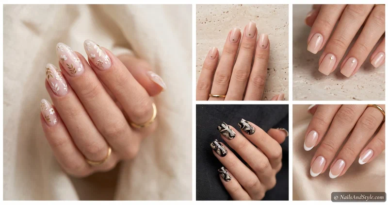 Collage of four nail sticker looks — delicate floral decals, a milky nude with a single gold star accent, a bold patterned full-nail wrap, and glazed French tips