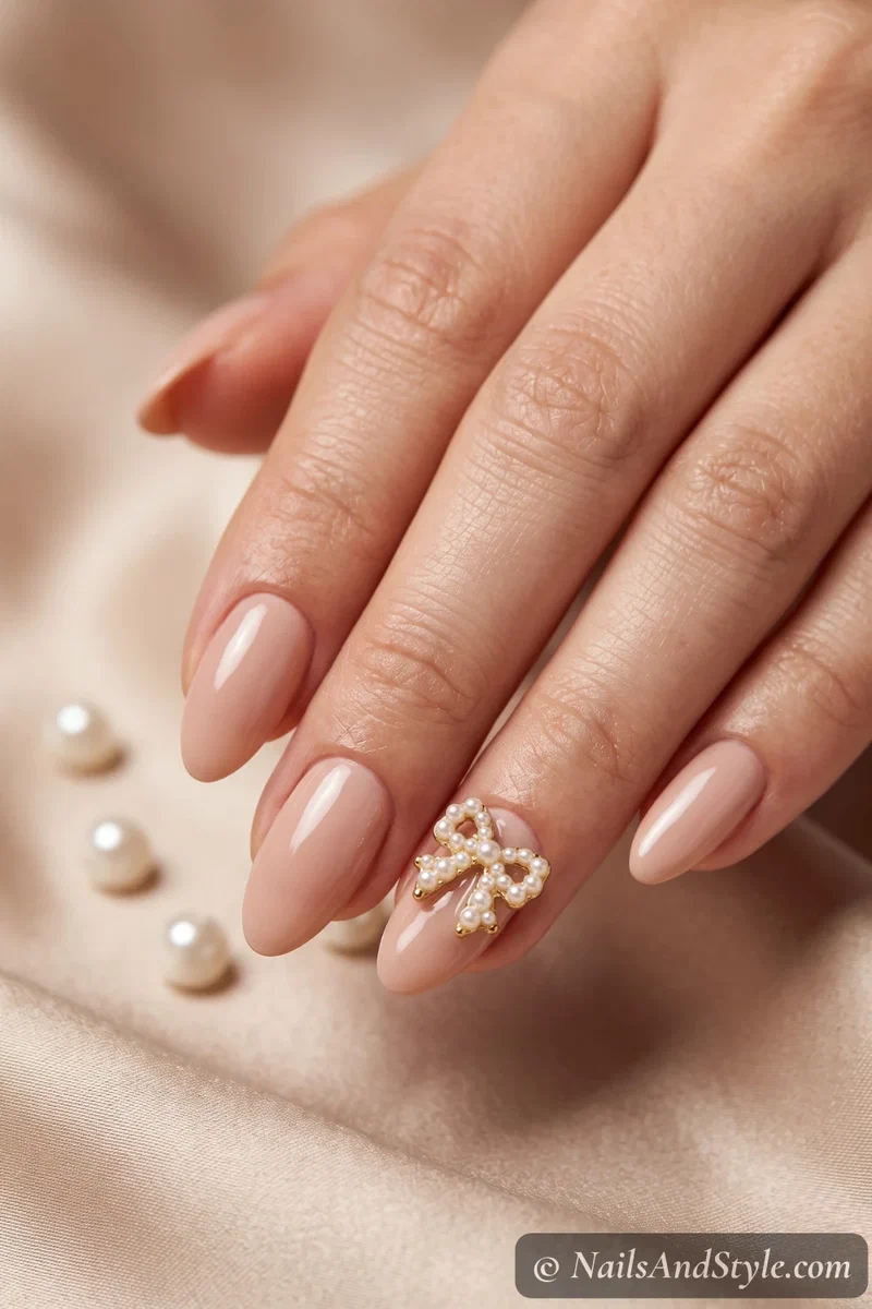 A single pearl and gold bow charm set near the cuticle over a soft nude nail on almond nails