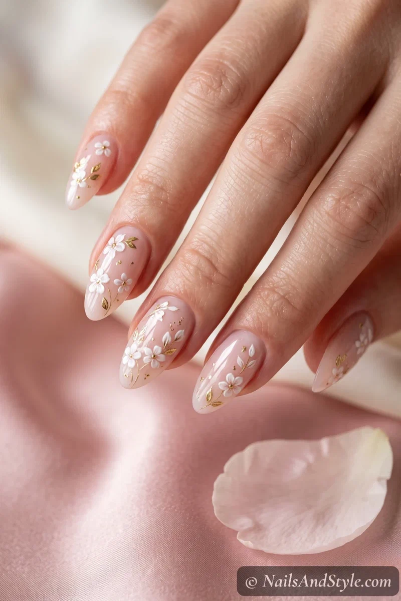 Delicate white and gold floral decals scattered over a sheer milky pink base on almond nails
