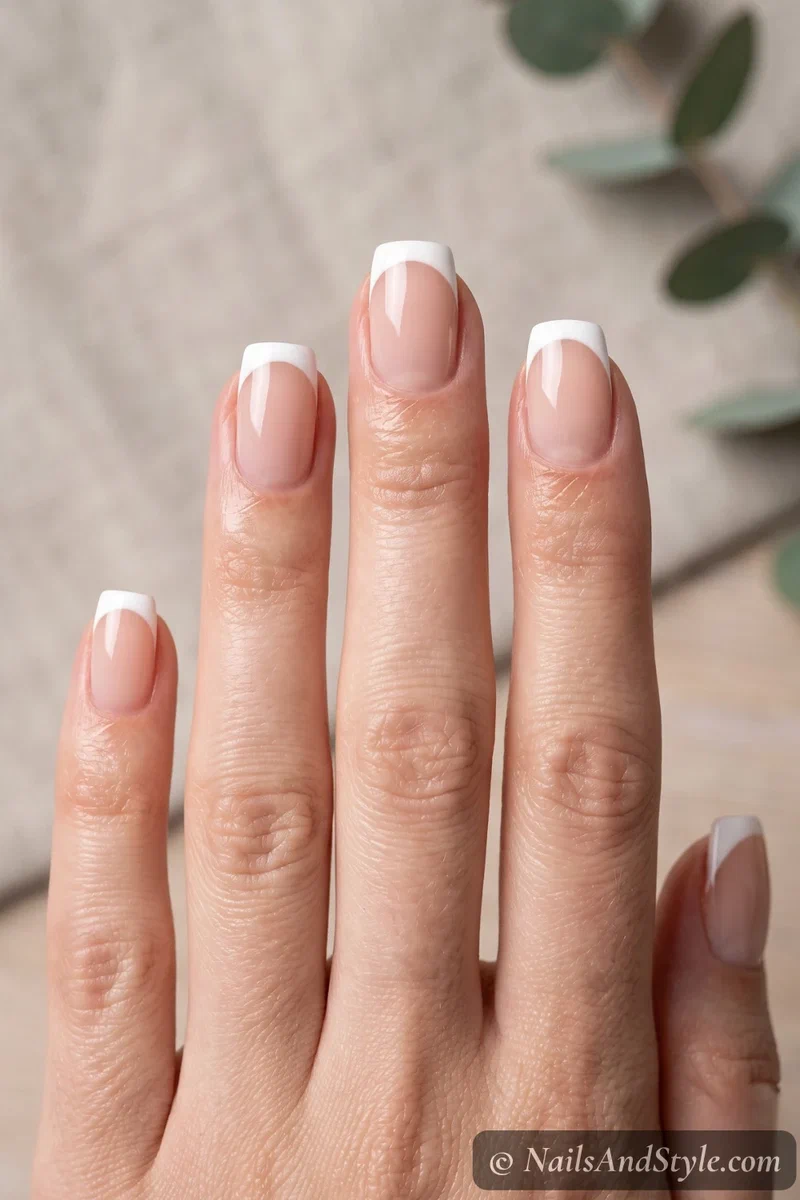 Crisp white French tips over a sheer nude base made with tip guide stickers on medium nails