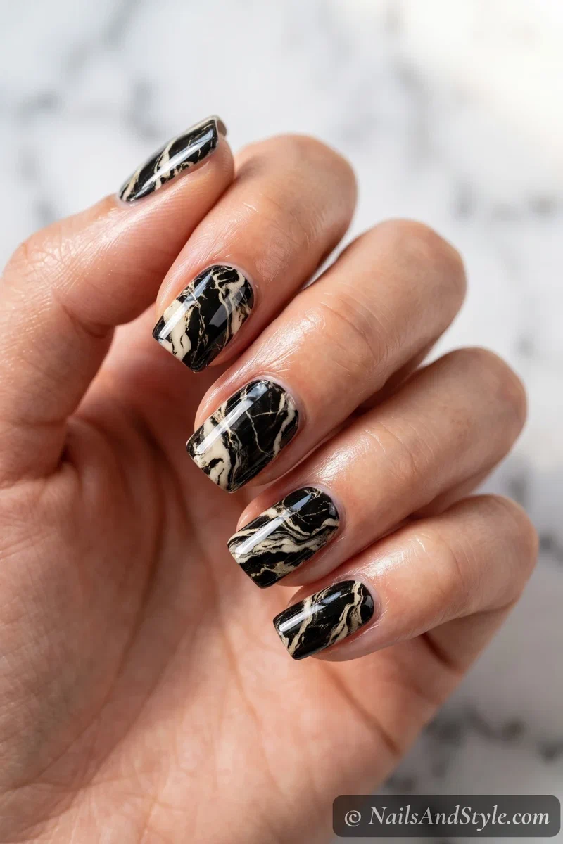 Full-nail wraps in a black and cream abstract marble pattern on square nails