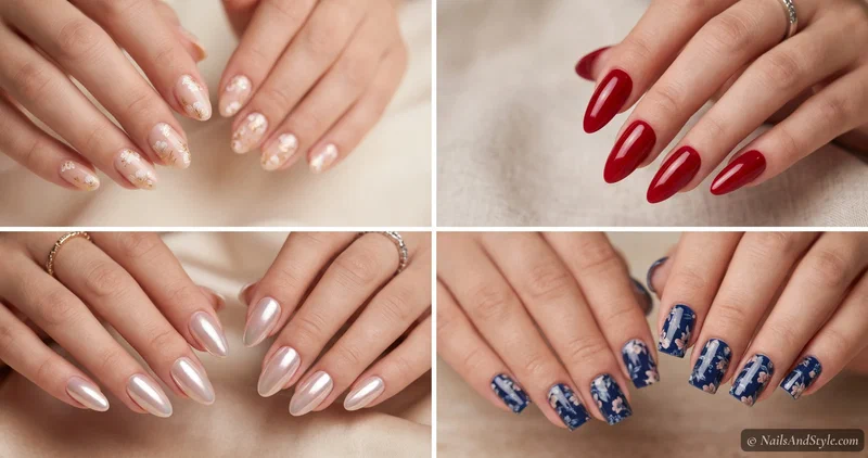 Collage comparing nail stickers, press-ons, and gel strips — floral decals, long glossy red press-ons, glazed chrome gel strips, and a patterned nail wrap