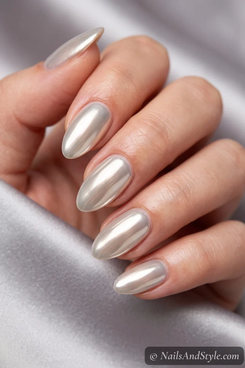 Glossy glazed chrome semi-cured gel nail strips with a mirror-like finish on medium almond nails