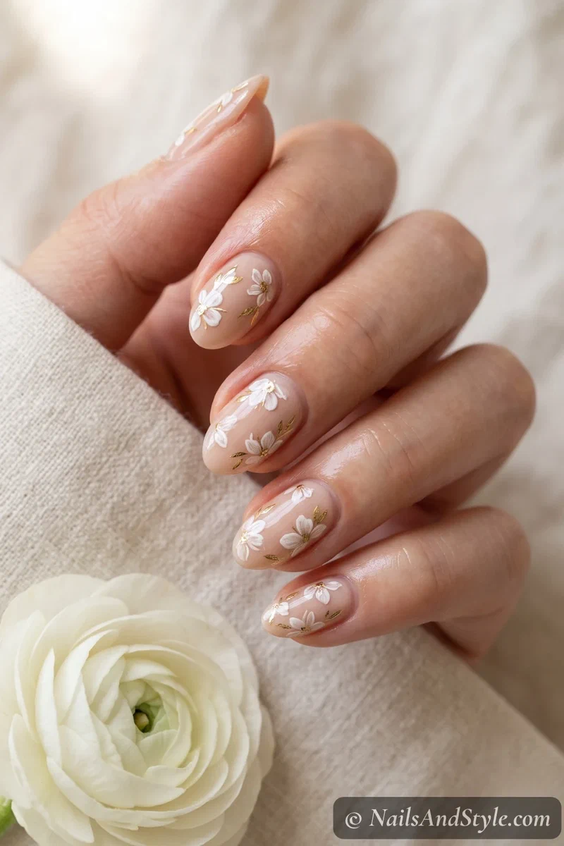 Delicate white and gold floral nail sticker decals on a soft nude base with a glossy finish on short almond nails