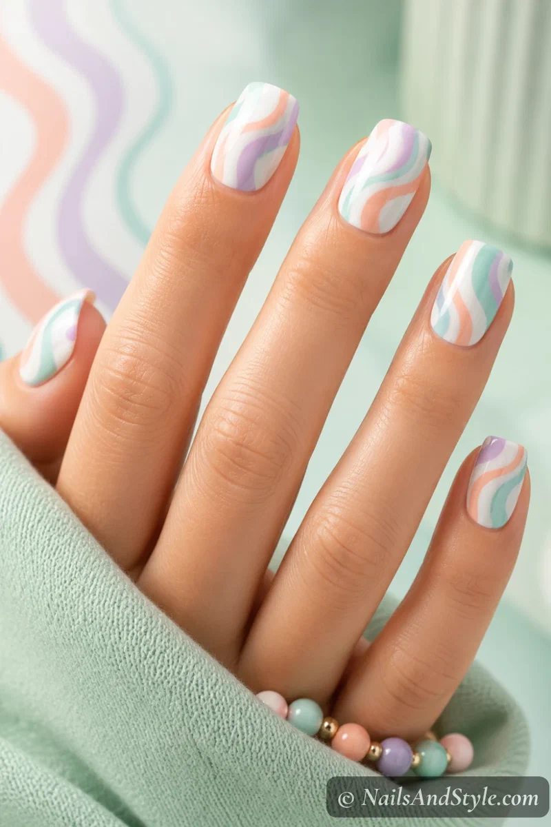 Abstract swirl nails with mint peach and lilac pastel ribbons over a white base on medium squoval nails