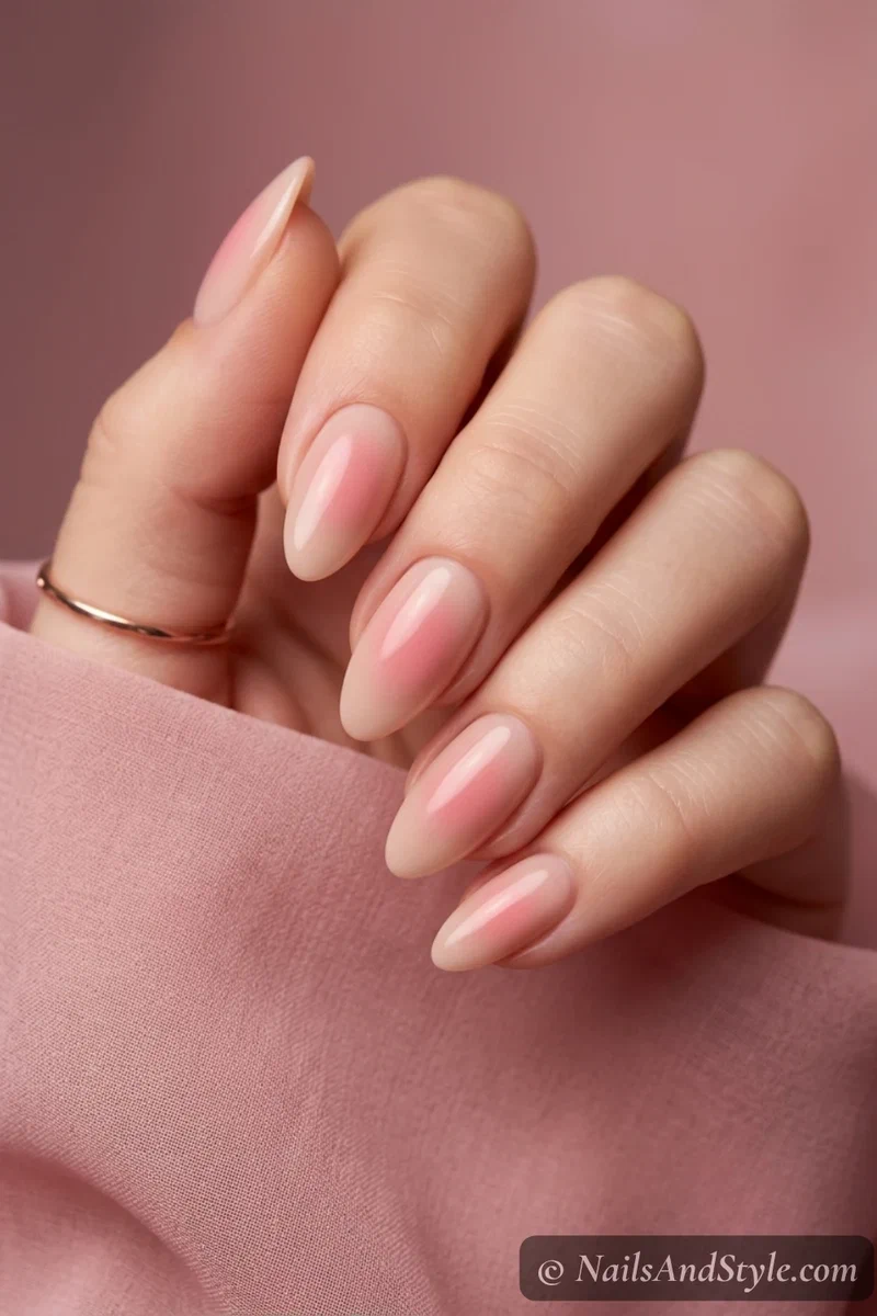 Aura nails with a soft blush pink glowing halo blurred over a nude base on medium almond nails