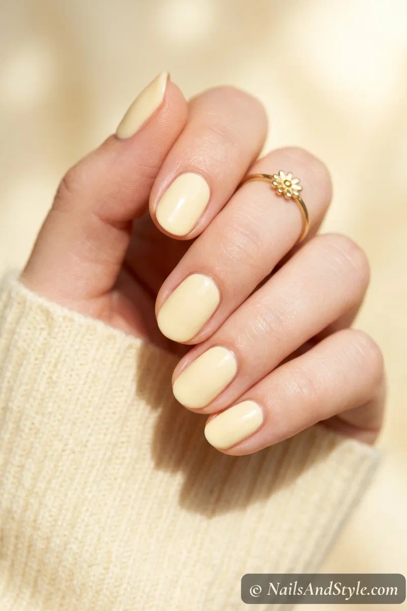 Butter yellow nails with a soft creamy pale yellow and glossy finish on short oval nails