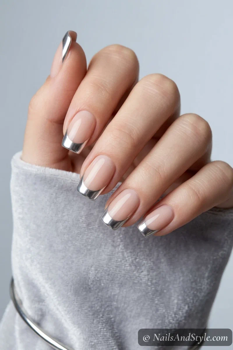 Chrome French tip nails with mirror silver metallic tips over a nude base on medium squoval nails