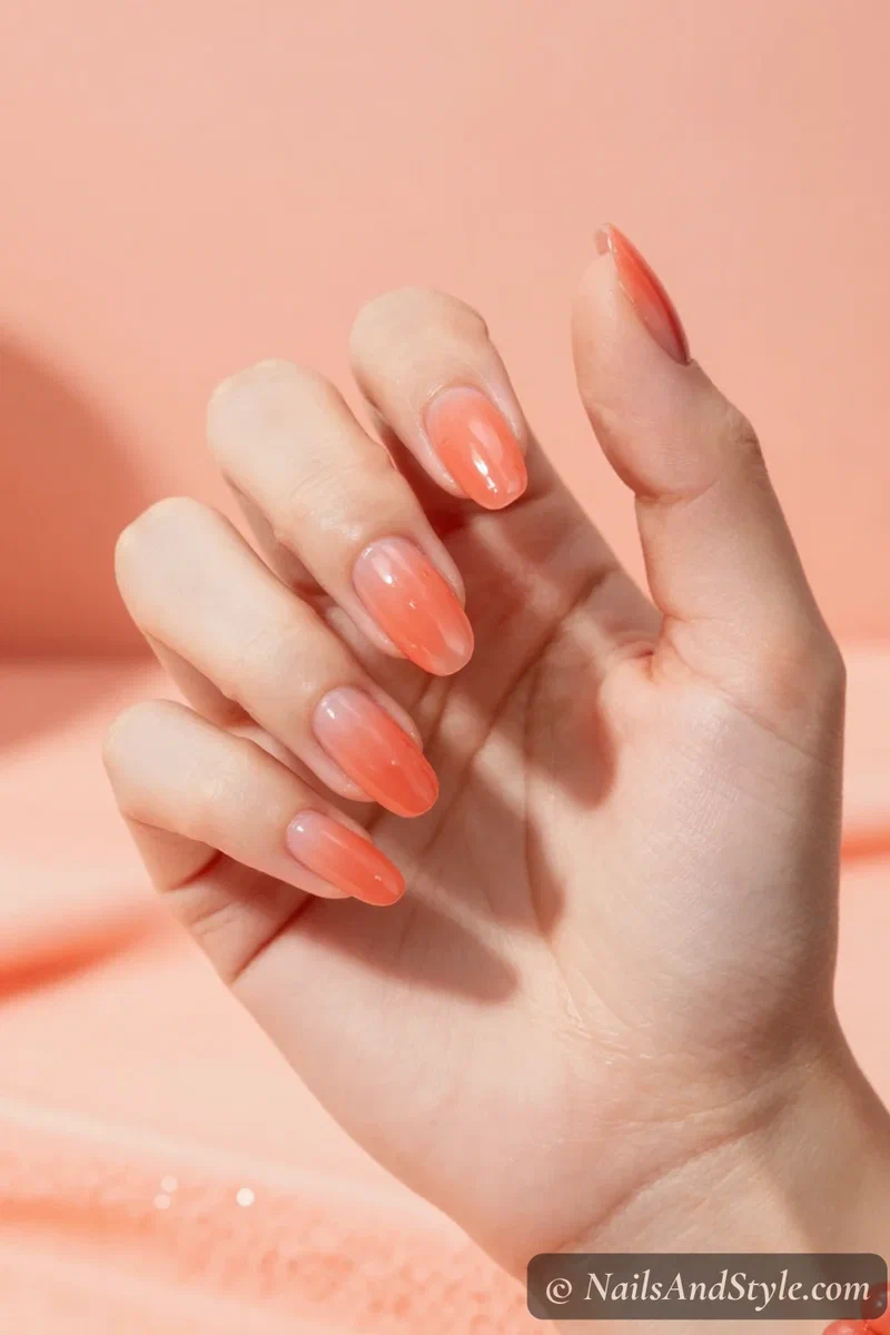 Sheer coral jelly nails with a translucent juicy finish on medium almond nails