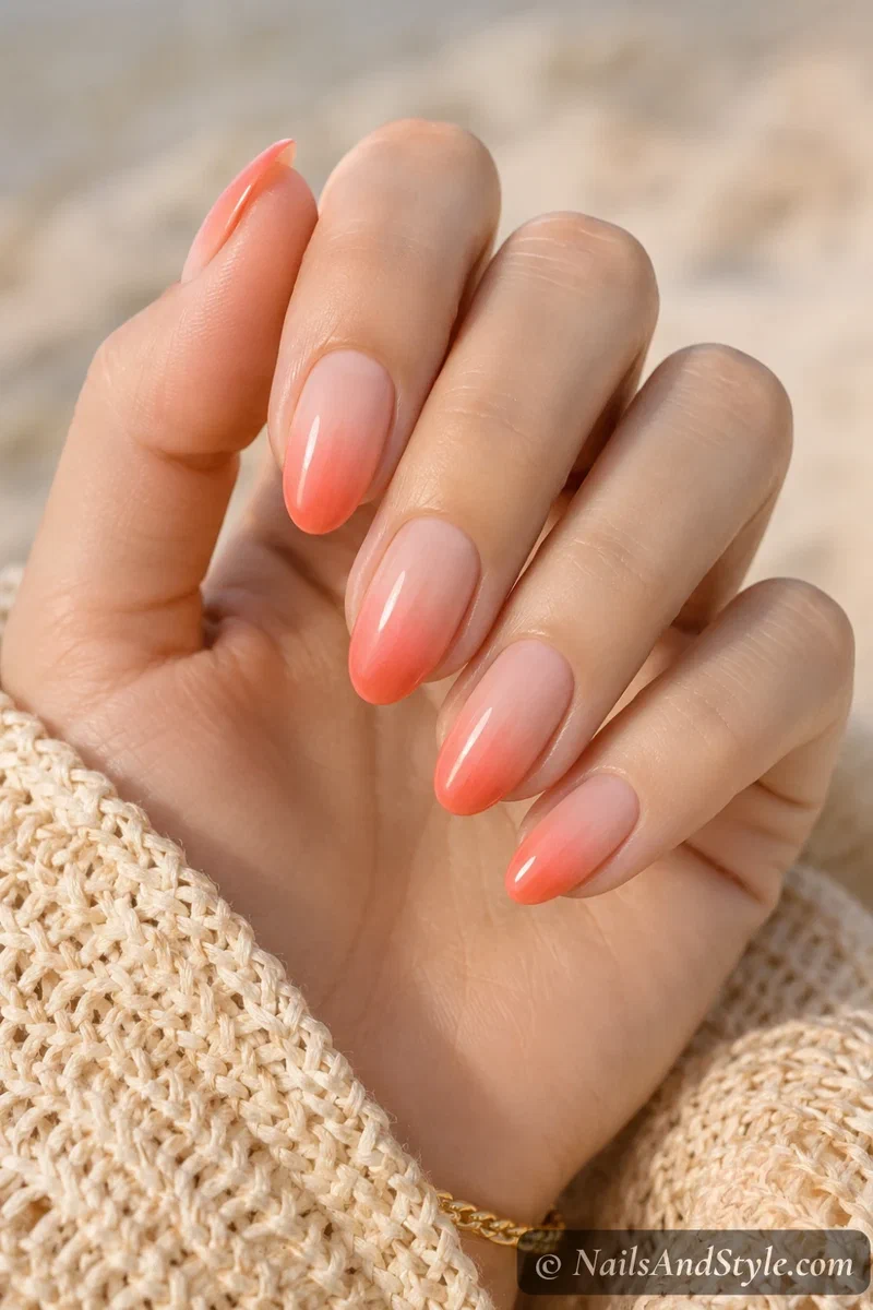 Coral ombre French tip nails with coral tips softly fading into a nude base on medium almond nails