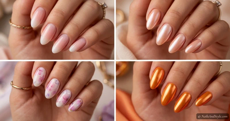 Collage of salon-made nail designs including baby boomer ombre, glazed peach chrome, watercolor florals, and tangerine chrome