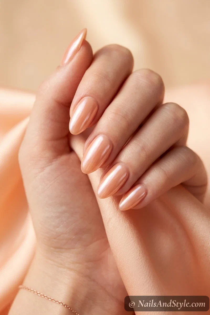 Glazed peach chrome nails with a pearly wet mother-of-pearl sheen over a soft peach base on medium almond nails