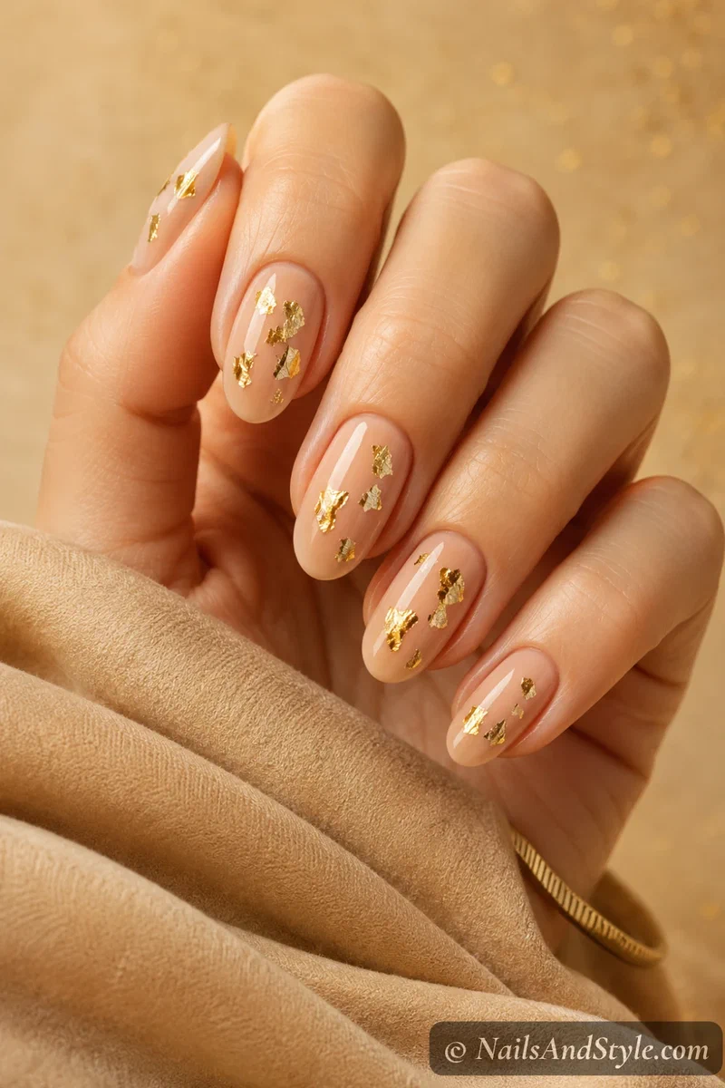Nude nails with scattered gold leaf flakes pressed onto the surface and a glossy finish on medium oval nails