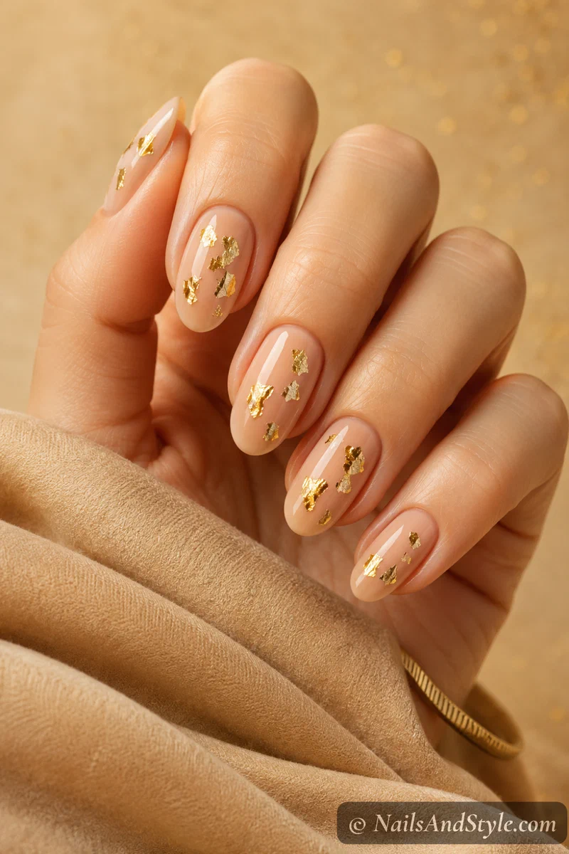 Nude nails with scattered gold leaf flakes pressed onto the surface and a glossy finish on medium oval nails
