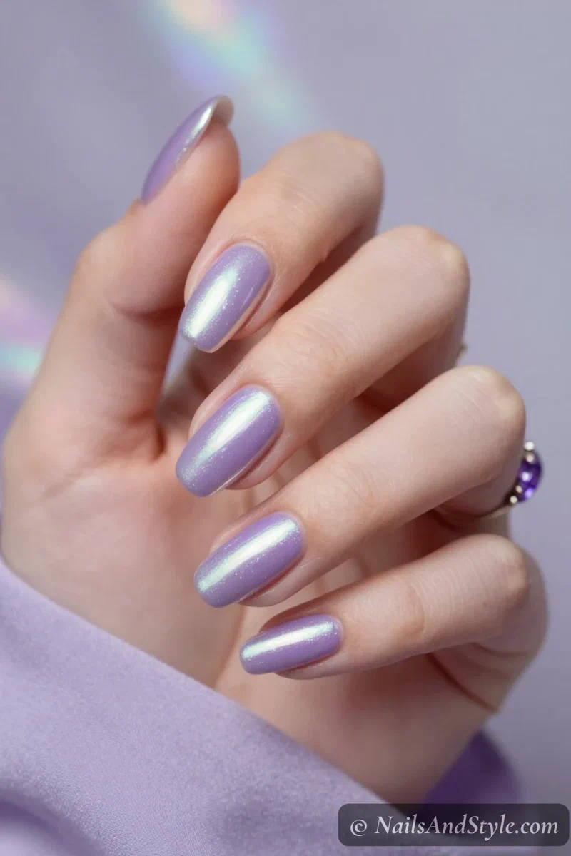 Lavender chrome nails with a soft lilac base and shifting silver-purple metallic sheen on medium almond nails