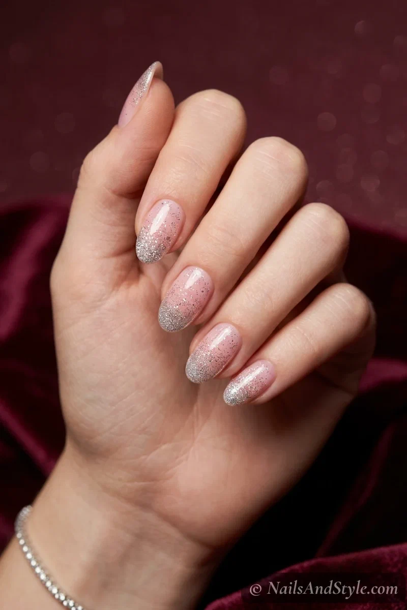 Micro glitter fade nails with fine silver glitter densest at the cuticle fading up over a sheer pink base on short almond nails