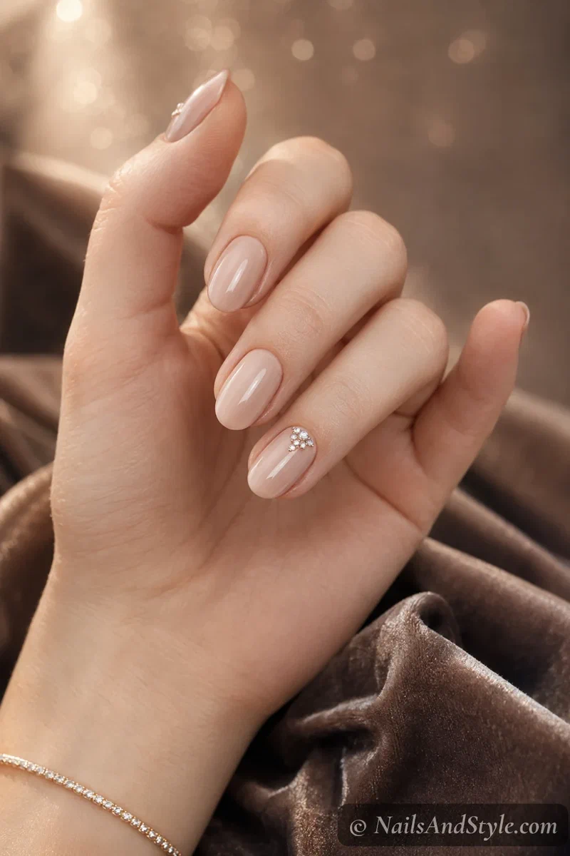Neutral nails with a small cluster of tiny rhinestones near the cuticle of one accent nail on short almond nails