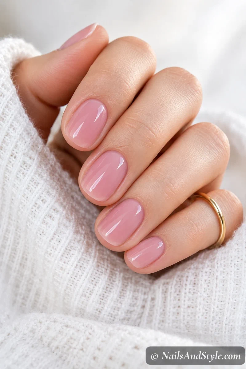 Milky pink nails with a soft sheer pink wash and glossy finish on short oval nails
