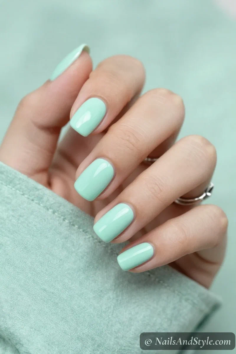 Mint green cream nails with a soft opaque pastel green and glossy finish on medium oval nails