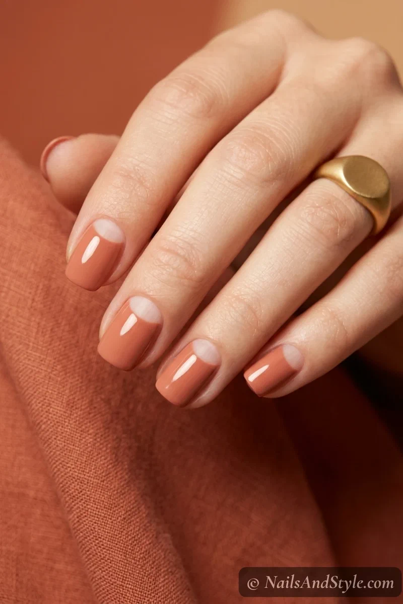 Negative space half-moon nails with a bare cuticle curve and terracotta polish on short squoval nails