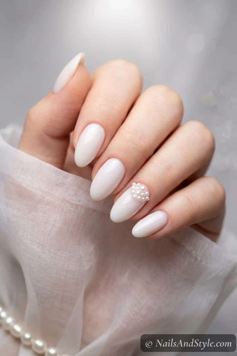 Milky white nails with a small cluster of pearl beads near the cuticle on one accent nail on medium almond nails