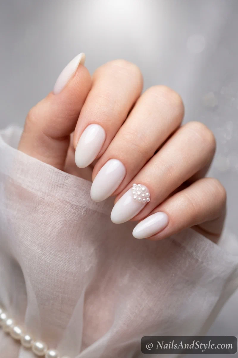 Milky white nails with a small cluster of pearl beads near the cuticle on one accent nail on medium almond nails