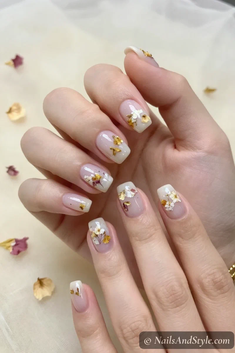 Milk bath nails with tiny dried flowers pressed under a sheer milky white finish on medium oval nails