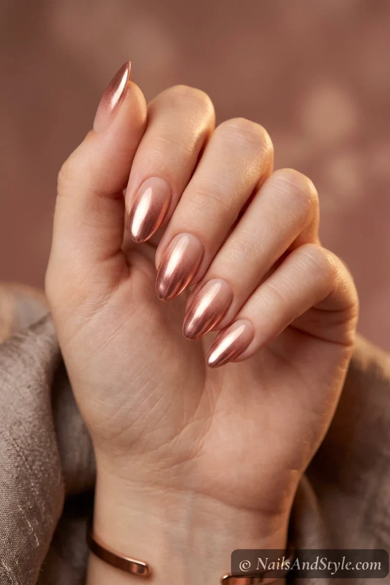 Rose gold chrome ombre nails fading from a metallic rose gold tip into a nude base on medium almond nails