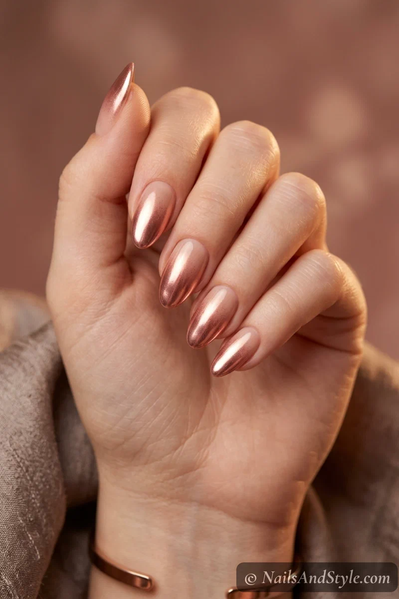 Rose gold chrome ombre nails fading from a metallic rose gold tip into a nude base on medium almond nails