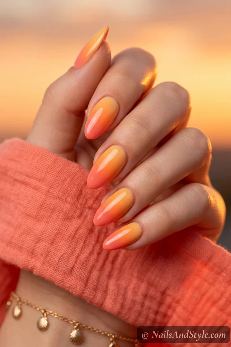Sunset gradient nails blending coral into orange into soft yellow on medium almond nails