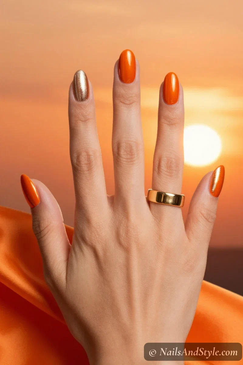 Tangerine chrome nails with a bright orange base and mirror metallic finish on medium almond nails