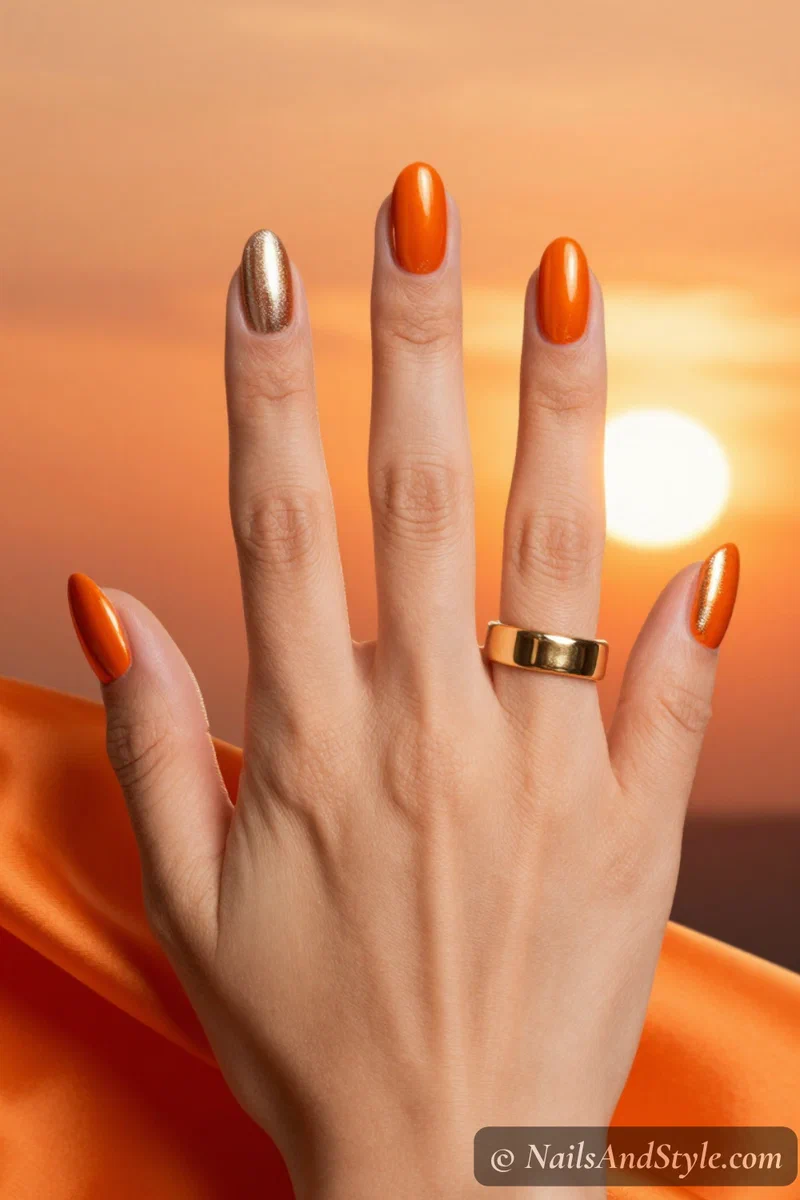 Tangerine chrome nails with a bright orange base and mirror metallic finish on medium almond nails