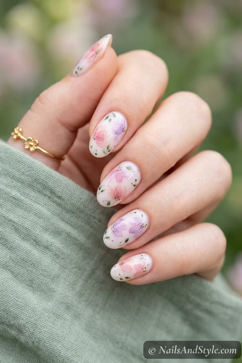Watercolor floral nails with soft feathered pink and lilac flowers over a milky base on medium oval nails