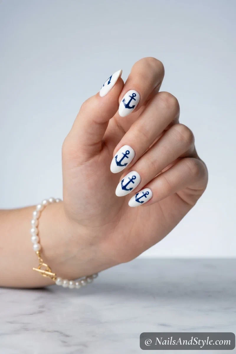 White base nails with stamped navy blue anchor designs on each nail