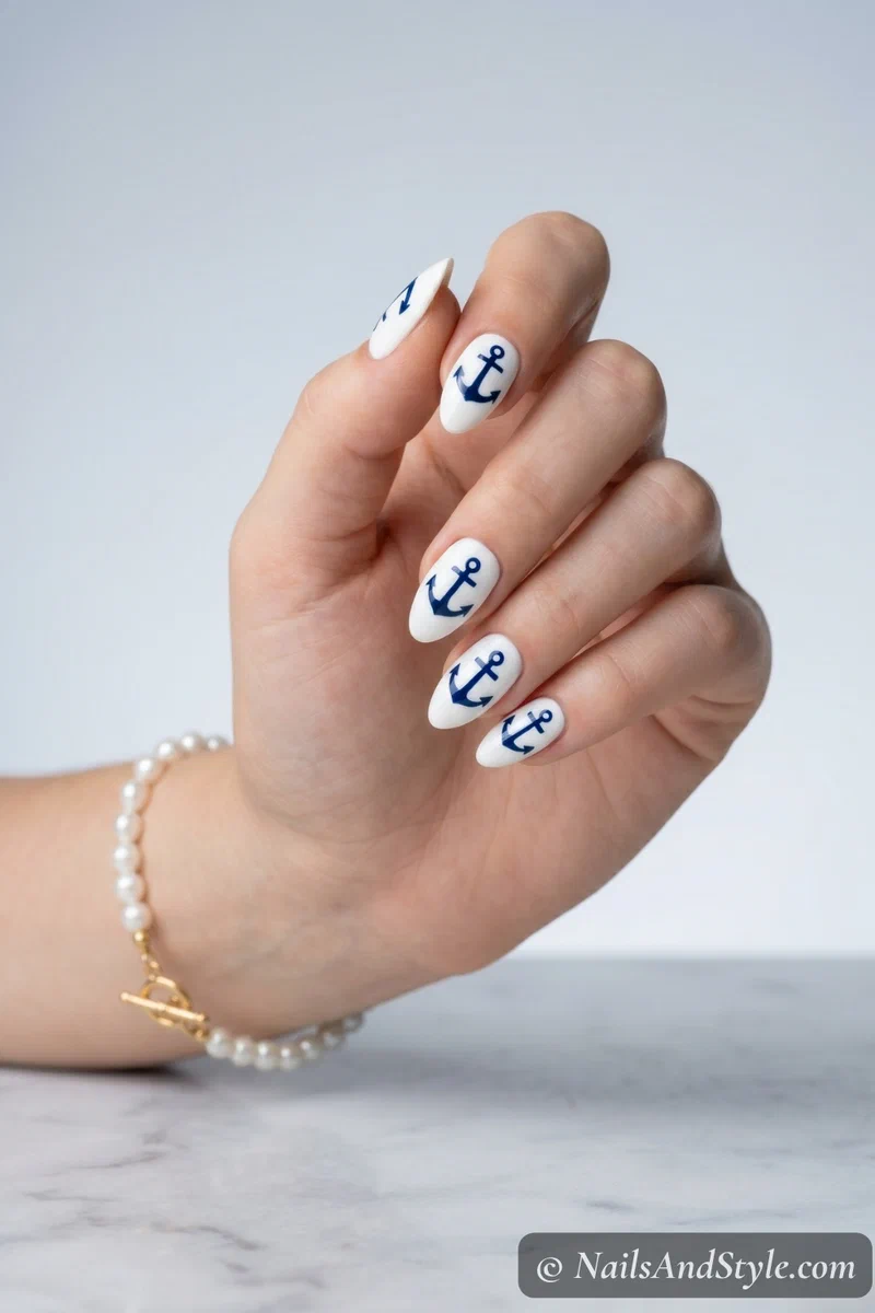 White base nails with stamped navy blue anchor designs on each nail