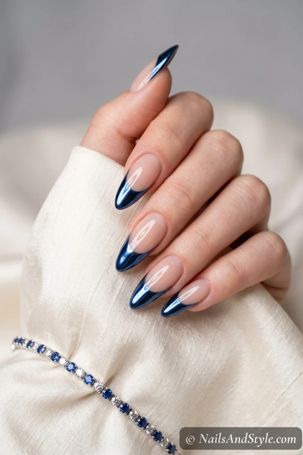 Navy chrome French tip nails