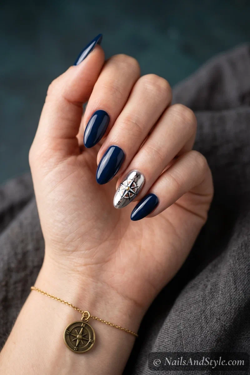 Navy nails with a detailed white and gold compass rose on the accent nail