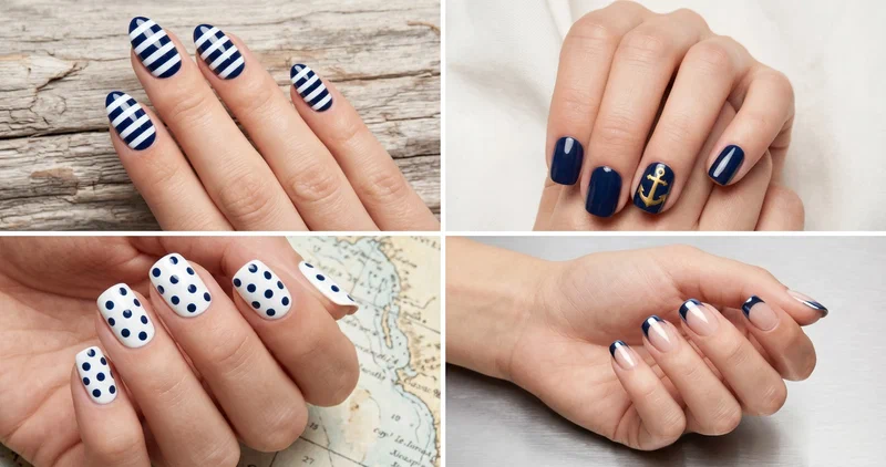 Collage of four nautical nail designs featuring navy stripes, anchor accents, rope details, and red white blue color schemes