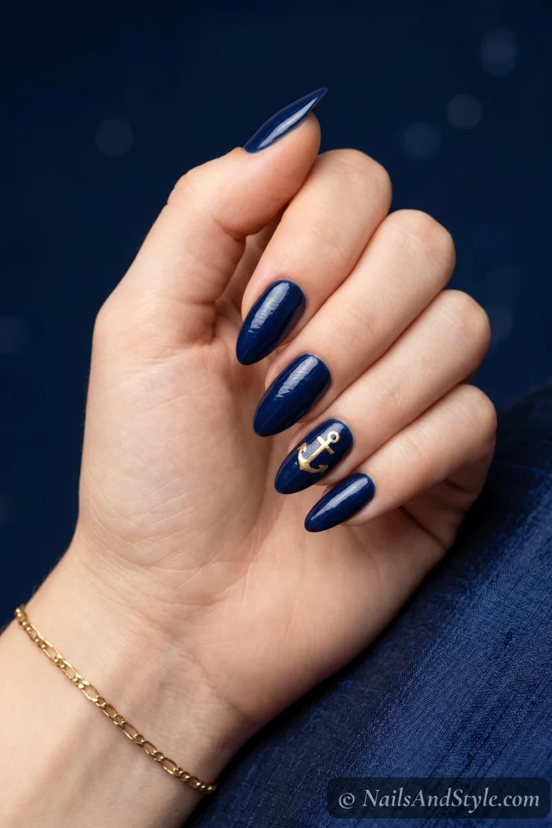 Navy blue nails with a hand-painted gold anchor on the ring finger